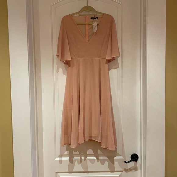 Chiffon Angel Sleeve Midi Wedding Guest Dress in Blush Sz 6 - Picture 3 of 4